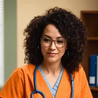Female medical professional in scrubs speaking with a patient